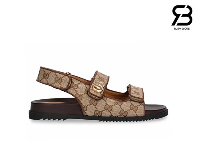 Dép Gucci Sandal With Double G Beige Ebony GG Canvas Be Nâu Siêu Cấp