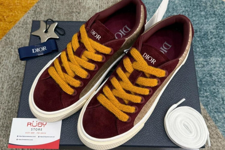 Giày Dior B33 Beige Oblique Jacquard and Burgundy Suede