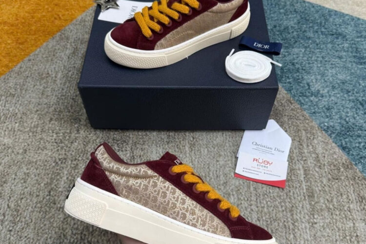 Giày Dior B33 Beige Oblique Jacquard and Burgundy Suede