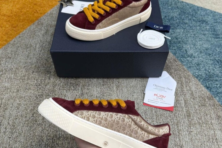Giày Dior B33 Beige Oblique Jacquard and Burgundy Suede