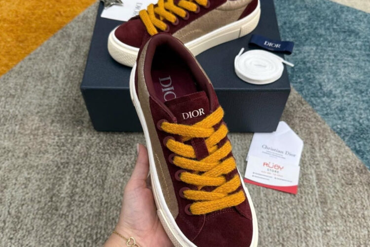 Giày Dior B33 Beige Oblique Jacquard and Burgundy Suede