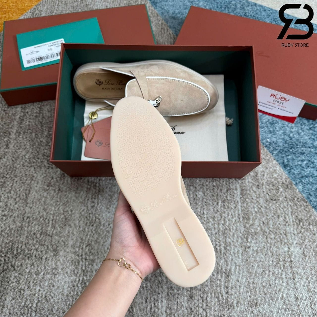 Giày Loro Piana Charms Walk Babouche Loafer Beige White Be Viền Trắng