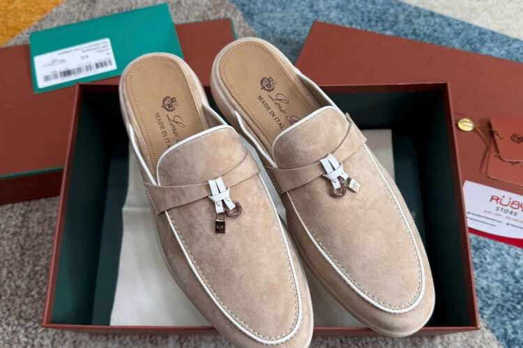 Giày Loro Piana Charms Walk Babouche Loafer Beige White Be Viền Trắng