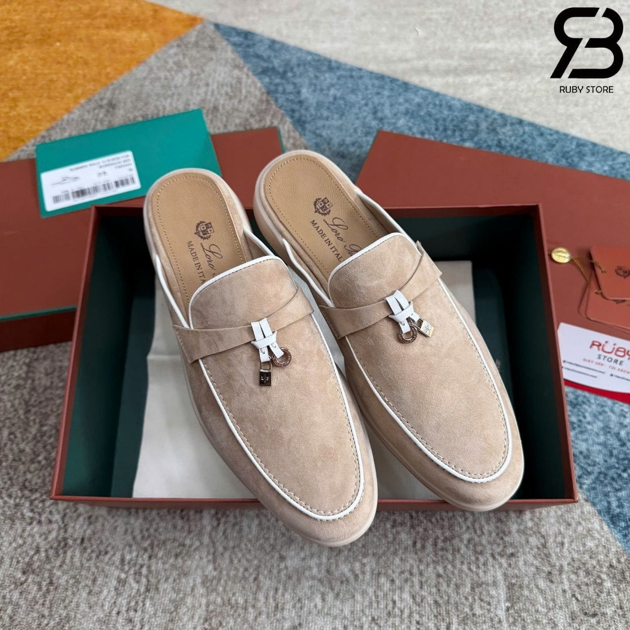Giày Loro Piana Charms Walk Babouche Loafer Beige White Be Viền Trắng