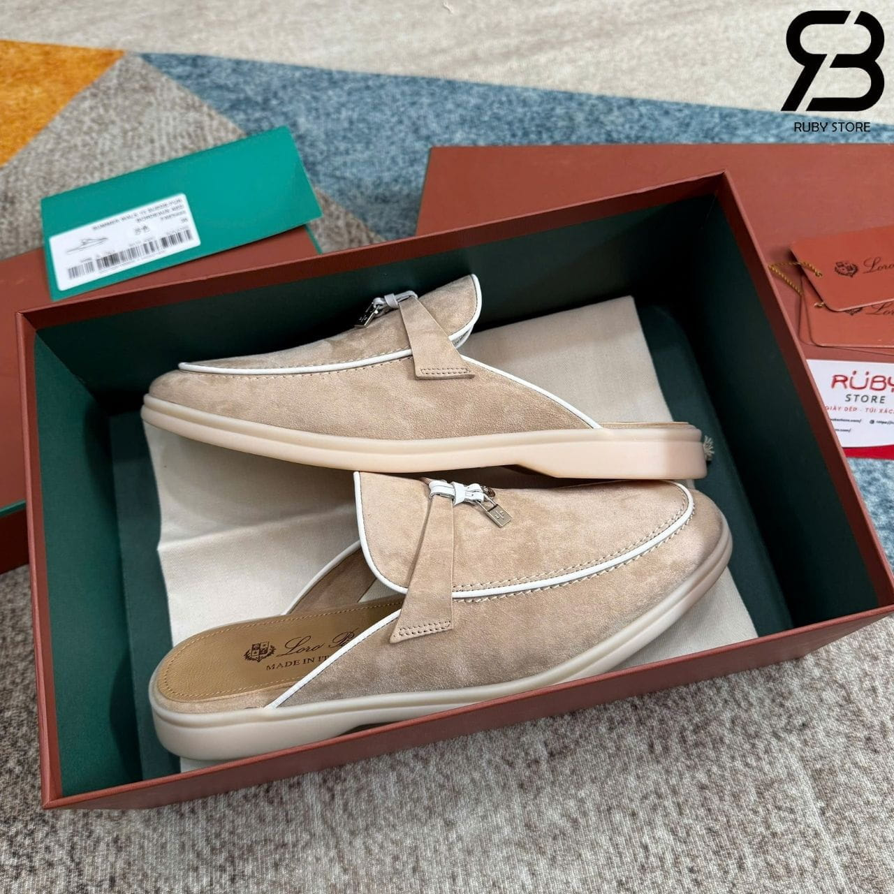 Giày Loro Piana Charms Walk Babouche Loafer Beige White Be Viền Trắng