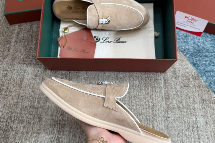 Giày Loro Piana Charms Walk Babouche Loafer Beige White Be Viền Trắng