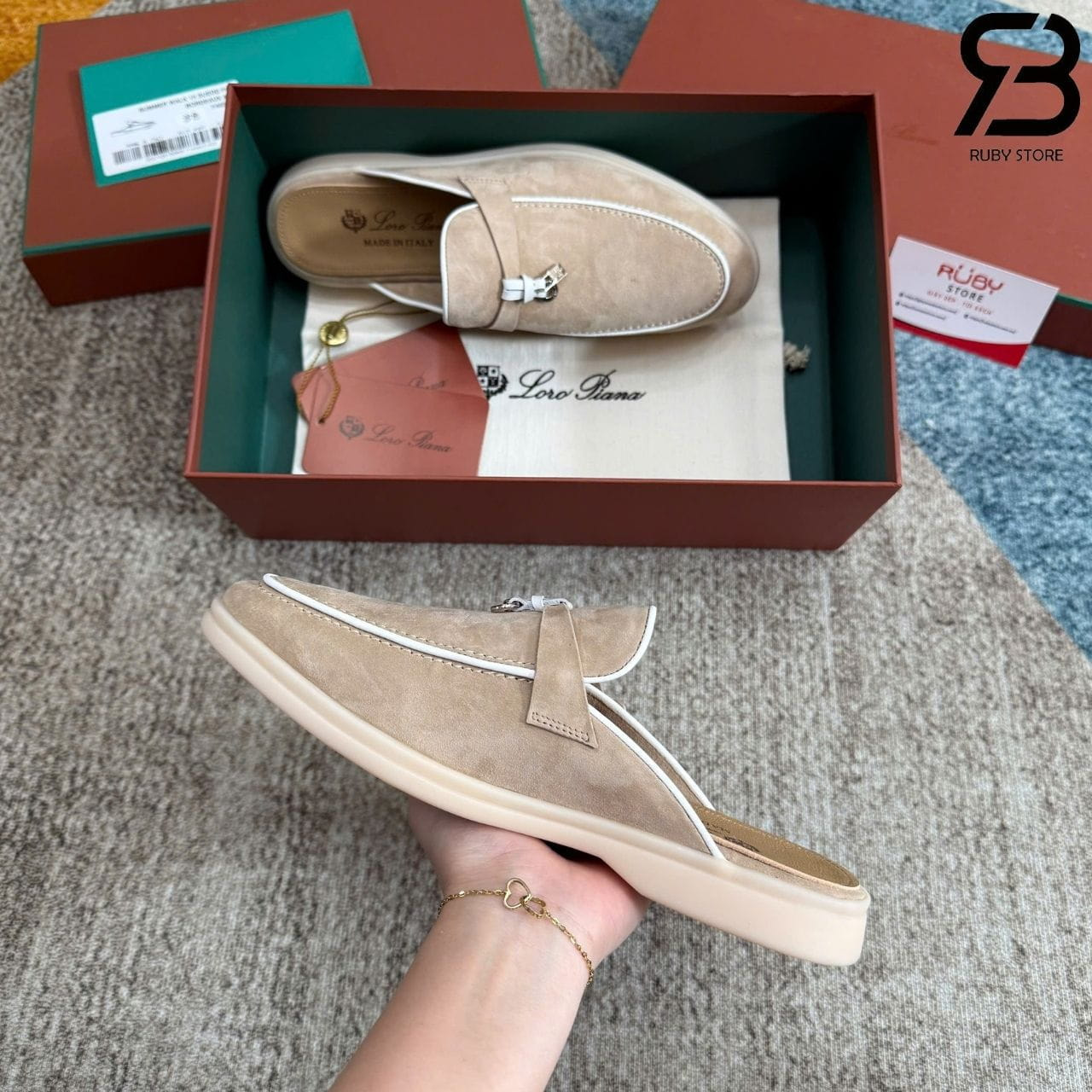 Giày Loro Piana Charms Walk Babouche Loafer Beige White Be Viền Trắng