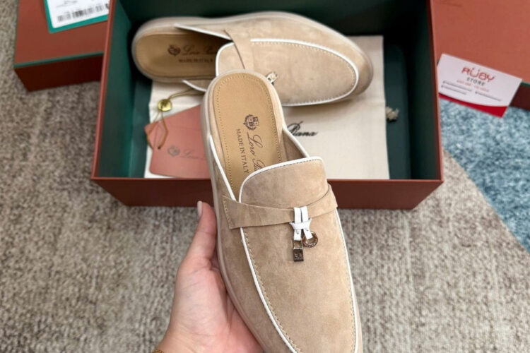Giày Loro Piana Charms Walk Babouche Loafer Beige White Be Viền Trắng