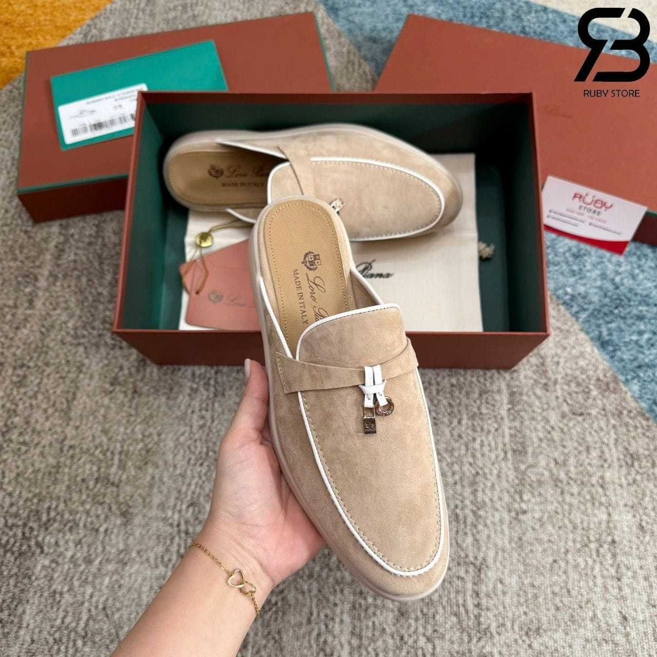 Giày Loro Piana Charms Walk Babouche Loafer Beige White Be Viền Trắng