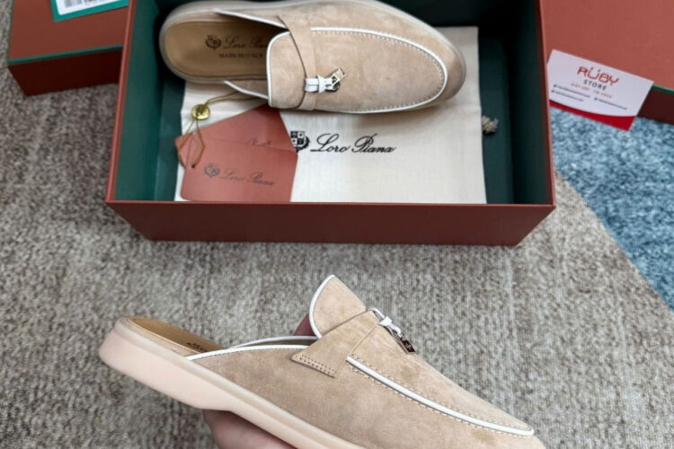 Giày Loro Piana Charms Walk Babouche Loafer Beige White Be Viền Trắng