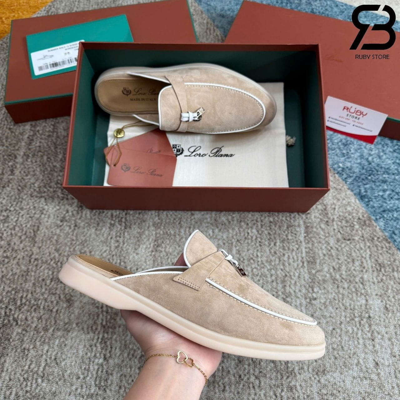 Giày Loro Piana Charms Walk Babouche Loafer Beige White Be Viền Trắng