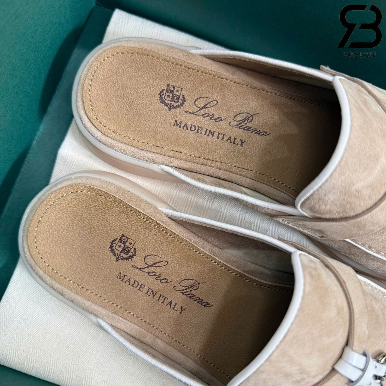 Giày Loro Piana Charms Walk Babouche Loafer Beige White Be Viền Trắng
