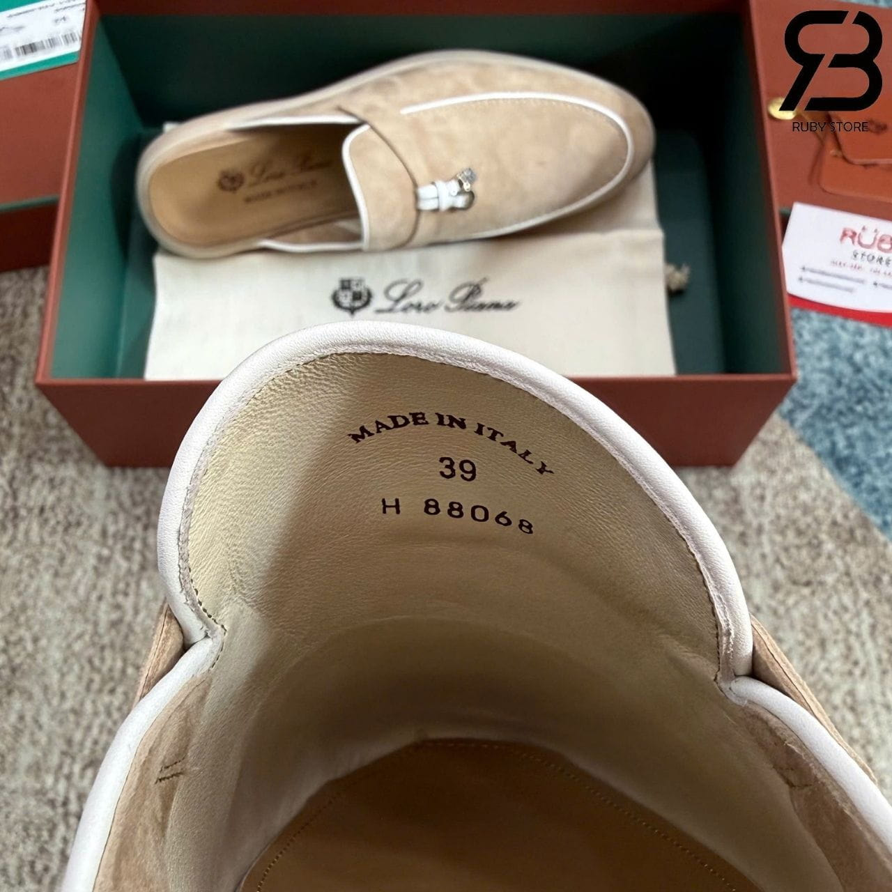 Giày Loro Piana Charms Walk Babouche Loafer Beige White Be Viền Trắng