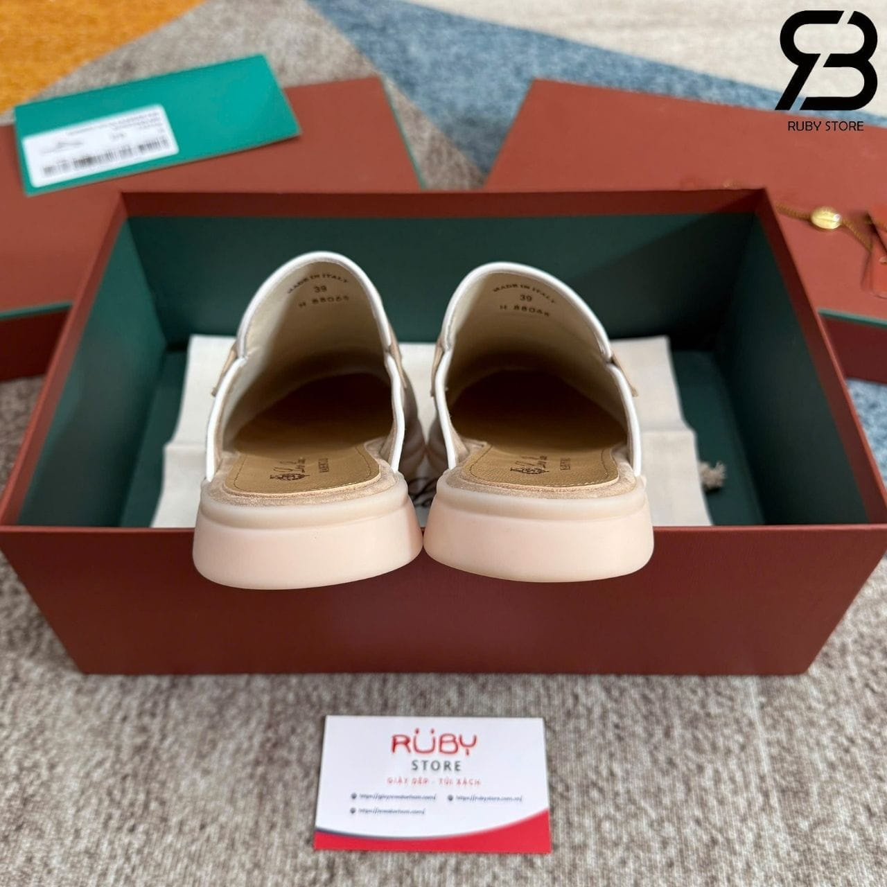 Giày Loro Piana Charms Walk Babouche Loafer Beige White Be Viền Trắng