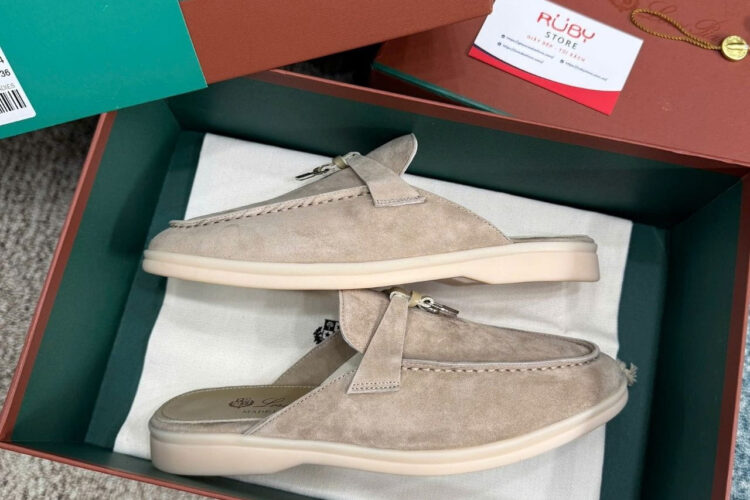 Giày Loro Piana Charms Walk Babouche Loafer Grey Brown Xám Nâu