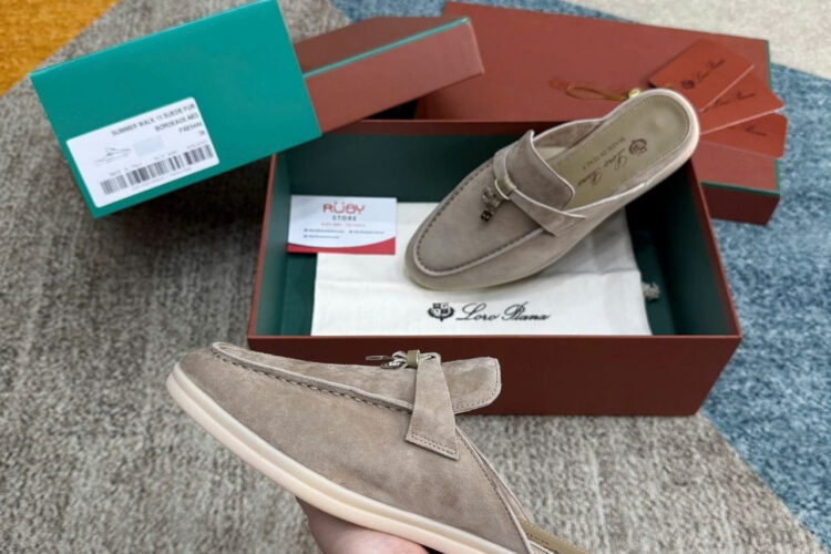 Giày Loro Piana Charms Walk Babouche Loafer Grey Brown Xám Nâu