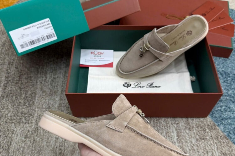 Giày Loro Piana Charms Walk Babouche Loafer Grey Brown Xám Nâu