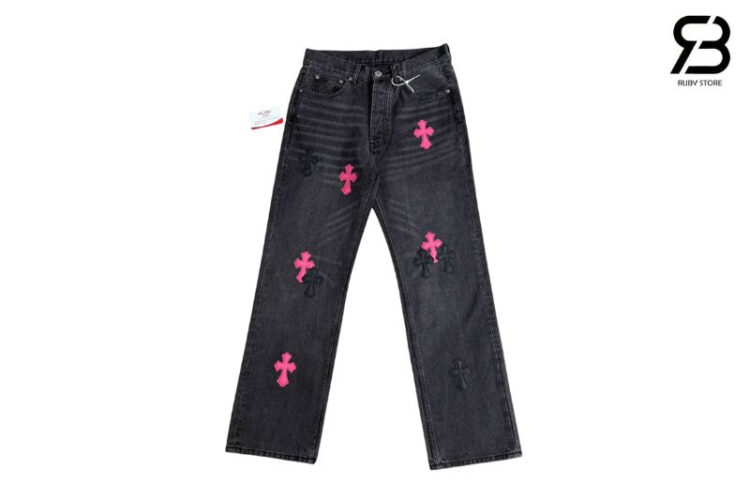 Quần Jean Chrome Hearts Grey Pink Logo Đen Xám Logo Hồng