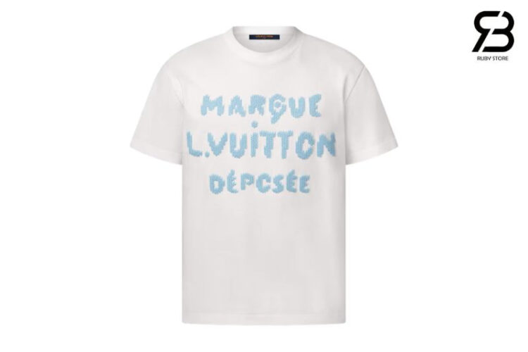 Áo LV Embroidered Signature T-Shirt Milky White Màu Trắng Xanh Dương