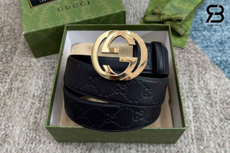 Thắt Lưng Gucci Black Guccissima Interlocking G Gold Buckle Belt Đen Khóa Vàng