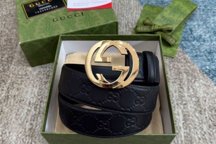 Thắt Lưng Gucci Black Guccissima Interlocking G Gold Buckle Belt Đen Khóa Vàng