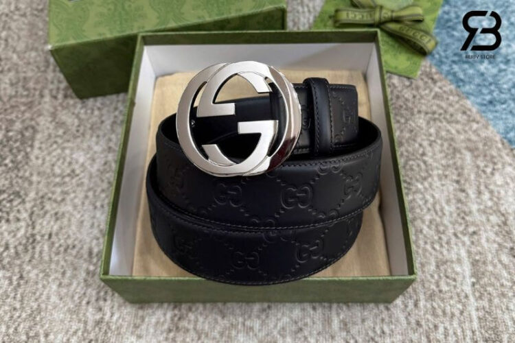 Thắt Lưng Gucci Black Guccissima Interlocking G Silver Buckle Belt Đen Khóa Bạc