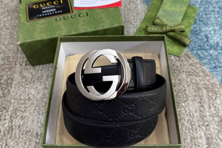 Thắt Lưng Gucci Black Guccissima Interlocking G Silver Buckle Belt Đen Khóa Bạc