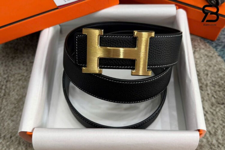 Thắt Lưng Hermes Belt Noir Black Togo White Stitch Brush Gold H Buckle