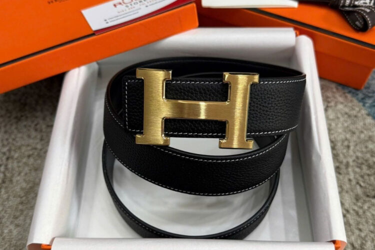 Thắt Lưng Hermes Belt Noir Black Togo White Stitch Brush Gold H Buckle