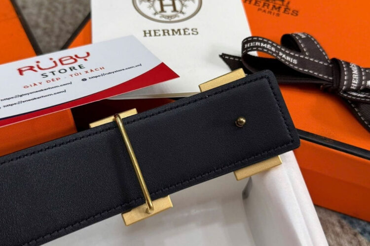 Thắt Lưng Hermes Belt Noir Black Togo White Stitch Brush Gold H Buckle