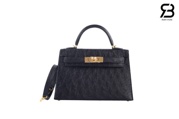 Túi Hermes Kelly 20 Mini II Black Ostrich Gold Hardware Đen