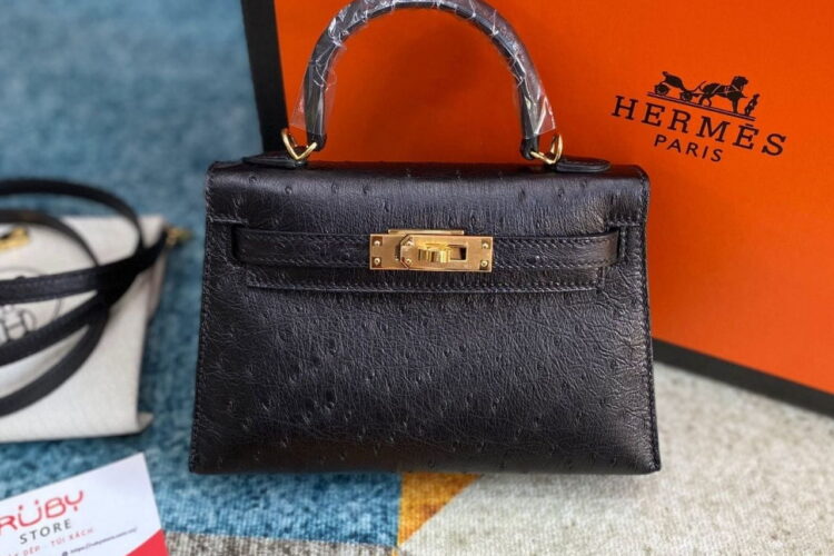 Túi Hermes Kelly 20 Mini II Black Ostrich Gold Hardware Đen