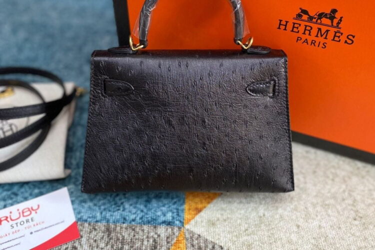 Túi Hermes Kelly 20 Mini II Black Ostrich Gold Hardware Đen