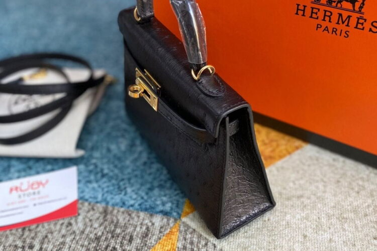 Túi Hermes Kelly 20 Mini II Black Ostrich Gold Hardware Đen