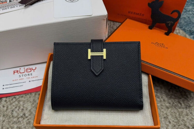 Ví Hermes Bearn Compact Wallet Noir Epsom GHW Đen Khóa Vàng