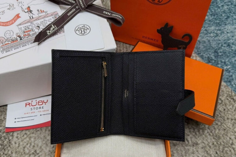 Ví Hermes Bearn Compact Wallet Noir Epsom GHW Đen Khóa Vàng
