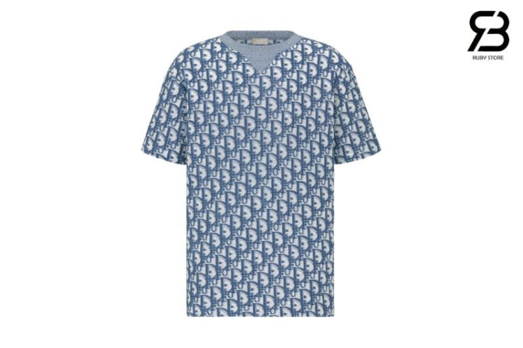 Áo Dior Oblique T-Shirt Blue Cotton Terry Jersey Xanh Dương