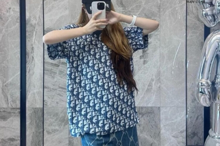 Áo Dior Oblique T-Shirt Blue Cotton Terry Jersey Xanh Dương