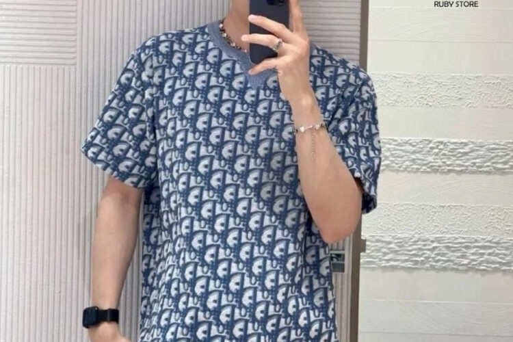 Áo Dior Oblique T-Shirt Blue Cotton Terry Jersey Xanh Dương