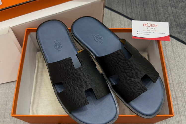Dép Hermes Izmir Noir Epsom Marine Blue Xanh ­đậm Best Pháp
