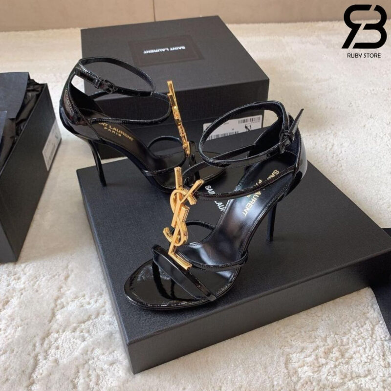 Giày Cao Gót YSL Cassandra Logo Plaque Sandals đen