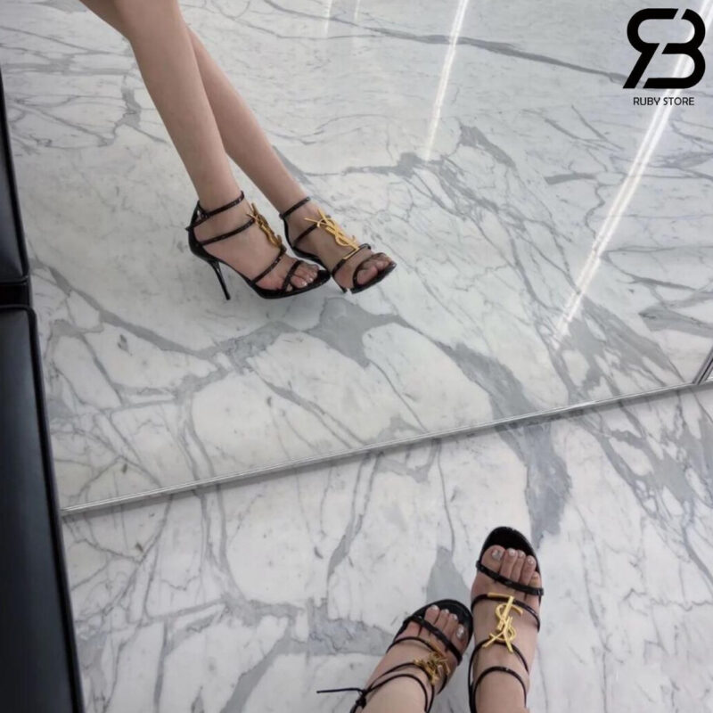 Giày Cao Gót YSL Cassandra Logo Plaque Sandals đen