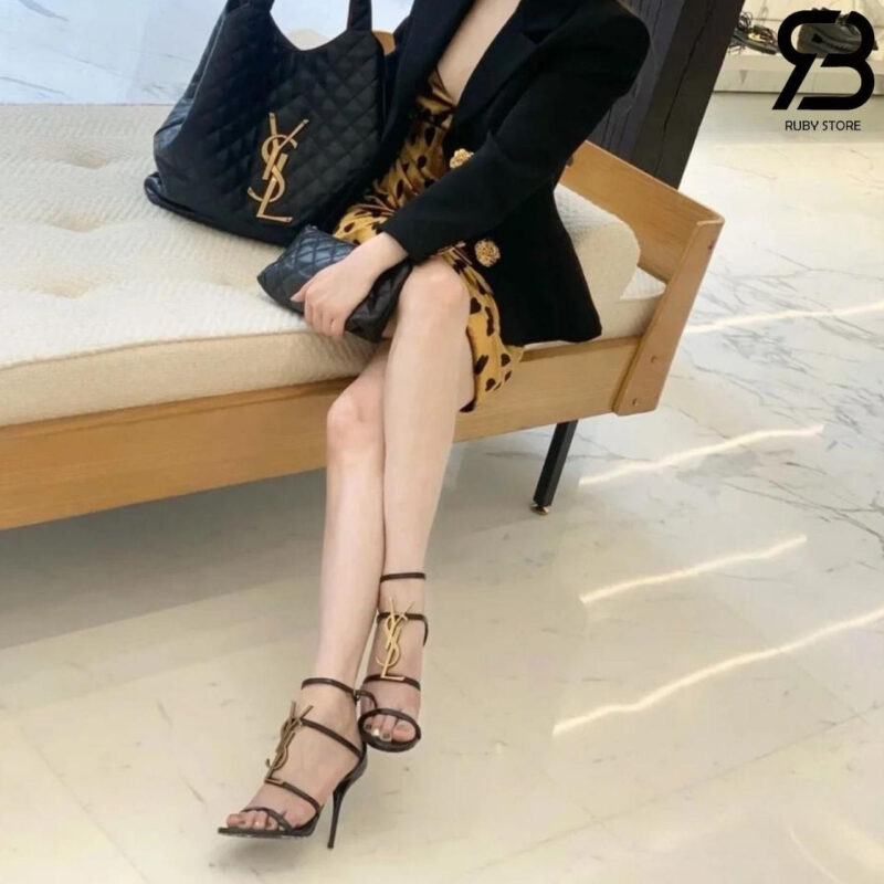 Giày Cao Gót YSL Cassandra Monogram Sandals Đen vàng cổ