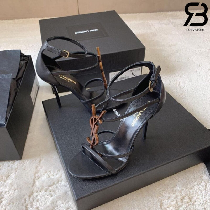 Giày Cao Gót YSL Cassandra Monogram Sandals Đen vàng cổ
