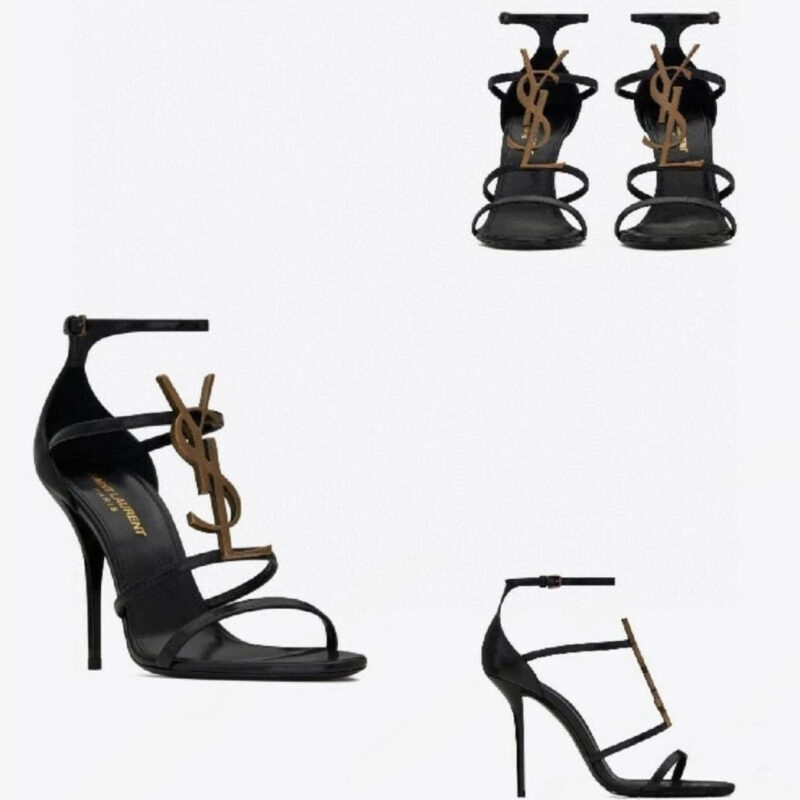 Giày Cao Gót YSL Cassandra Monogram Sandals Đen vàng cổ