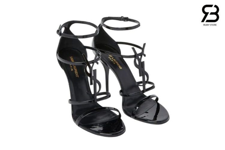 Giày Cao Gót YSL Cassandra Open Toe Sandals Đen Bóng logo đen
