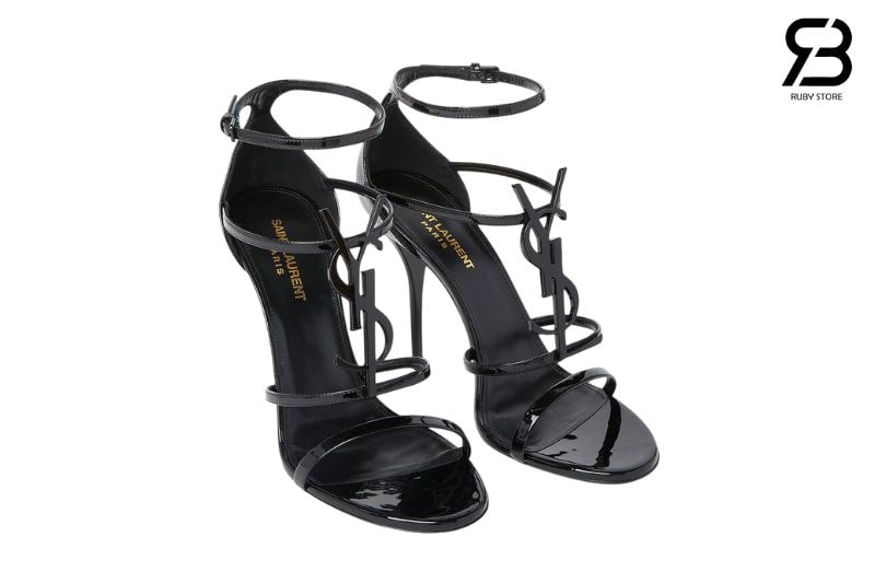 Giày Cao Gót YSL Cassandra Open Toe Sandals Đen Bóng logo đen