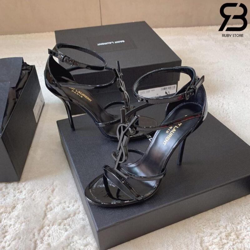 Giày Cao Gót YSL Cassandra Open Toe Sandals Đen Bóng logo đen