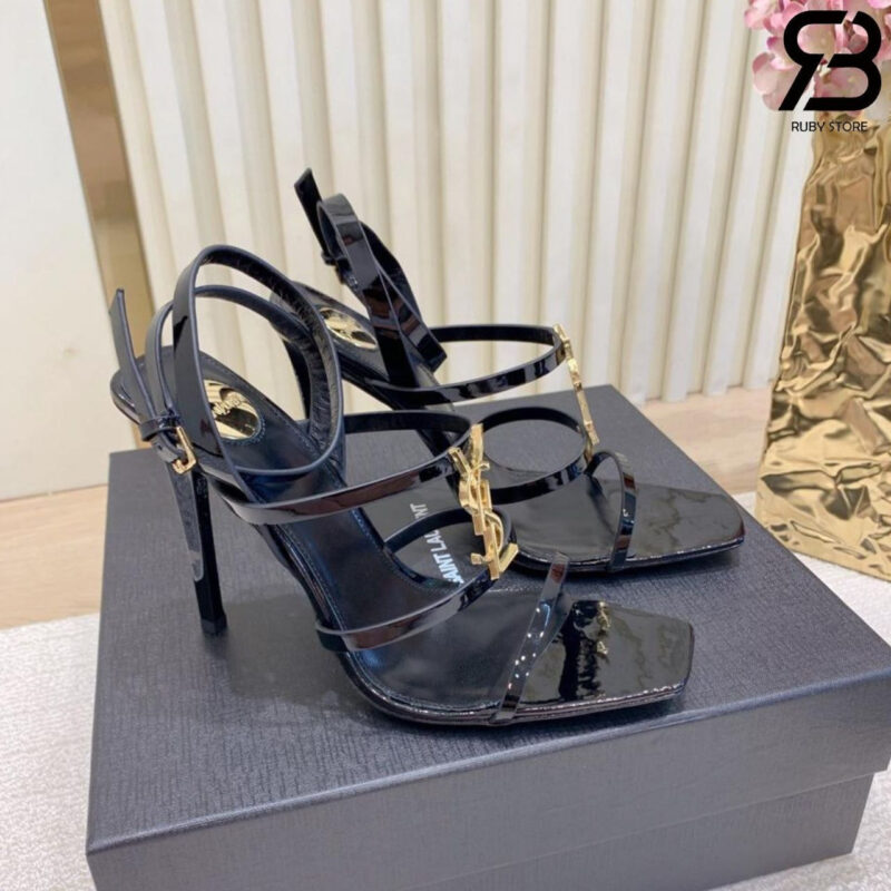 Giày Cao Gót YSL Cassandra Sandals In Patent Leather Đen Logo Vàng