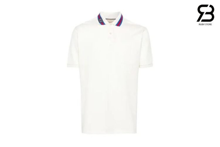 Áo Thun Gucci White Cotton Piquet Polo Shirt With Red and Blue Web Collar